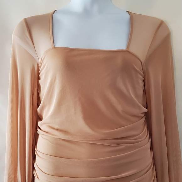 Venus Mesh Semi-Sheer Mini Dress Size 2X Bodycon Ruched Tan Stretch Pullover - Picture 3 of 15